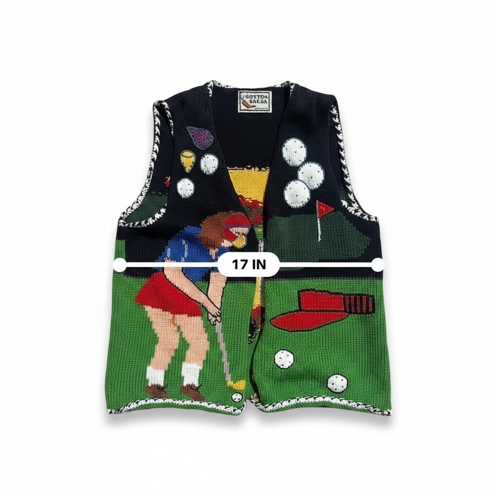 Cotton Salsa Handmade Peru Golf Scene Knit Sweater Vest Vintage Novelty 90s - Picture 10 of 12